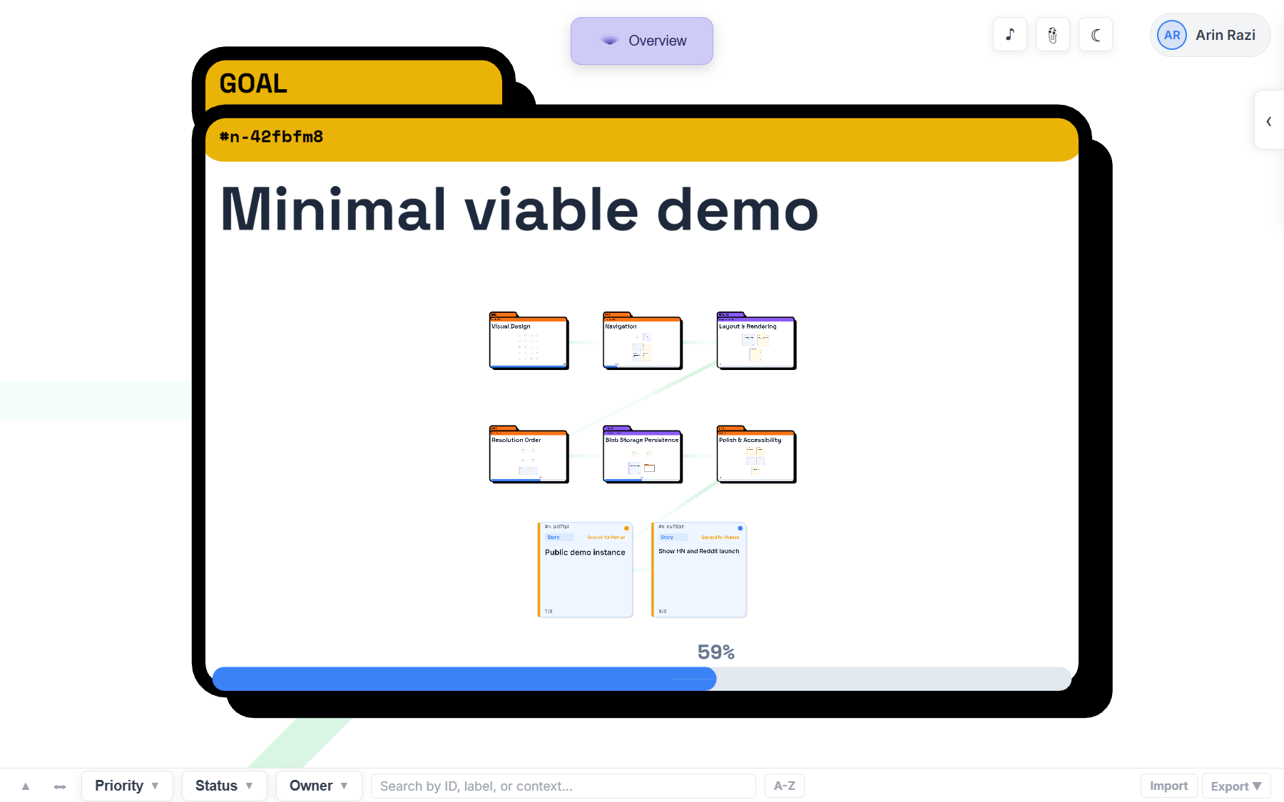 noboard depth-view canvas showing goal, epics and stories